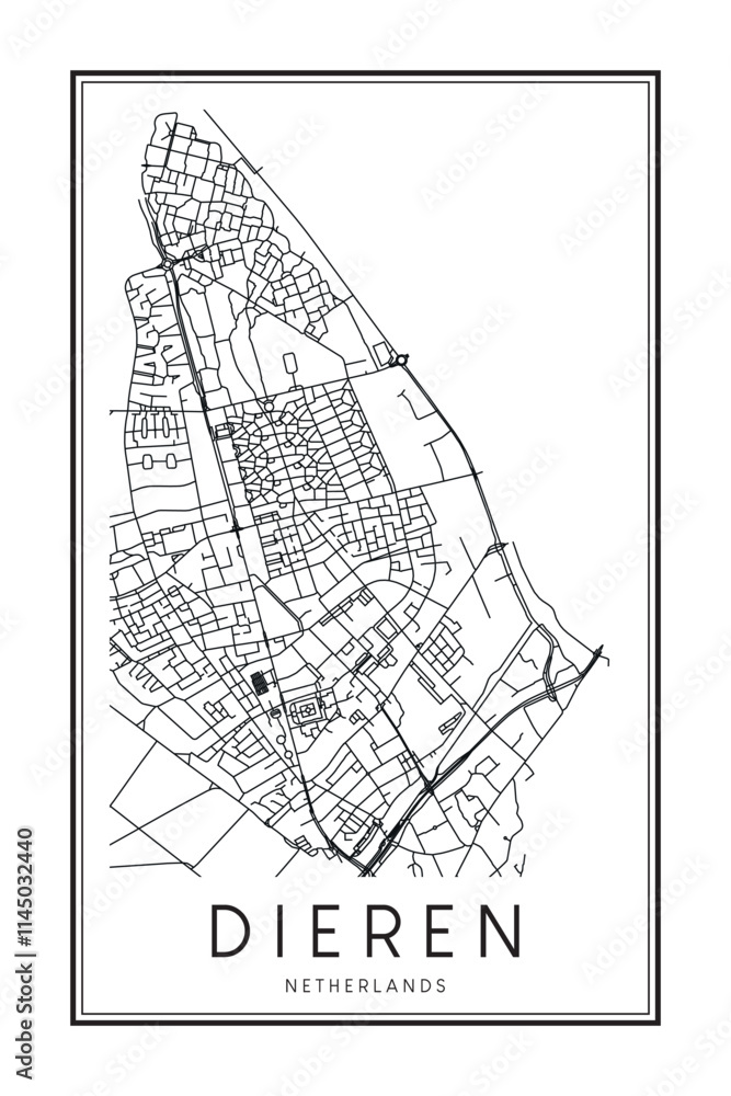 Obraz premium Printable downtown road map poster of the Dutch city of DIEREN on solid white background with city name