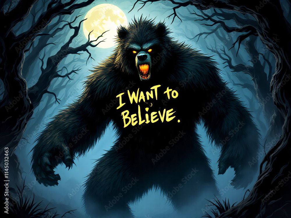 Bigfoot in moonlit forest, text Bigfoot in moonlit forest, text