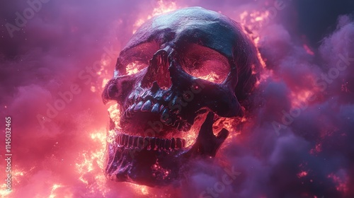 Flaming skull engulfed in vibrant pink and purple smoke and fire. photo