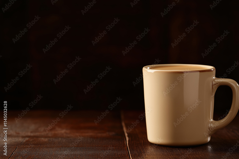 Warm cup of coffee resting on a wooden table in a dimly lit space Warm cup of coffee resting on a wooden table in a dimly lit space
