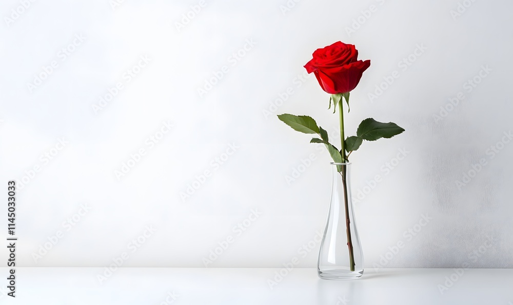 Obraz premium Red rose in glass vase on white table and background.
