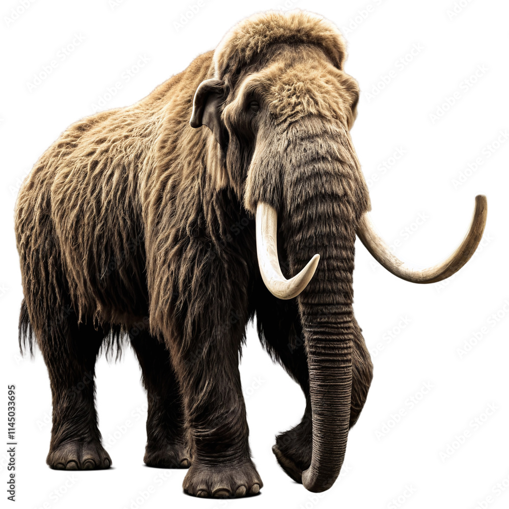 Obraz premium Woolly mammoth with long tusks and thick fur isolated on transparent background