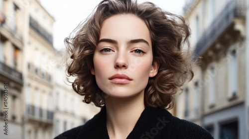 Free Download Street style portrait of a curly haired woman wearing a black jacket, city buildings in the background, dynamic lighting and urban mood perfect for lifestyle and editorial themes - GFXLoad
