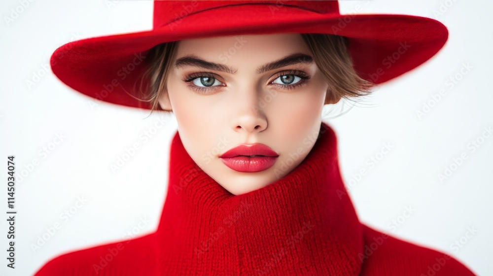 Chic portrait of a woman wearing a striking red hat and turtleneck sweater, bold composition with a neutral background accentuating her elegant and confident presence, perfect for fashion editorials Chic portrait of a woman wearing a striking red hat and turtleneck sweater, bold composition with a neutral background accentuating her elegant and confident presence, perfect for fashion editorials