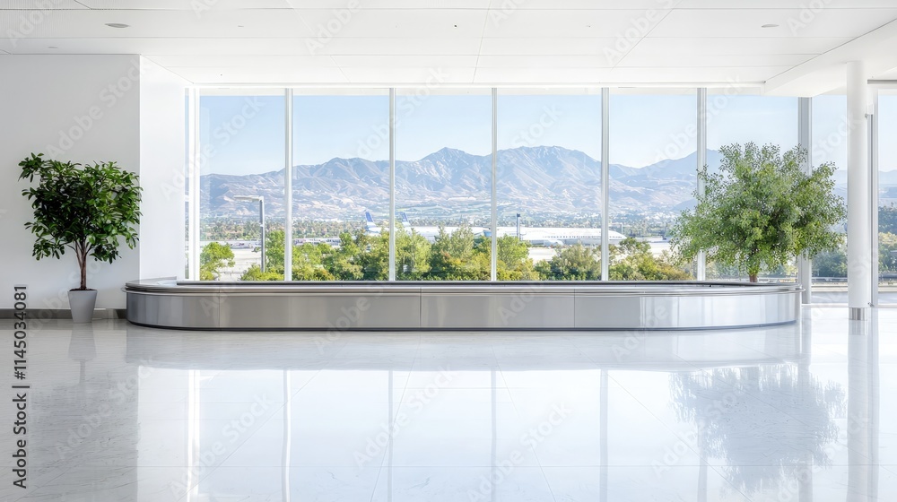Modern airport baggage claim with mountain view. Modern airport baggage claim with mountain view.