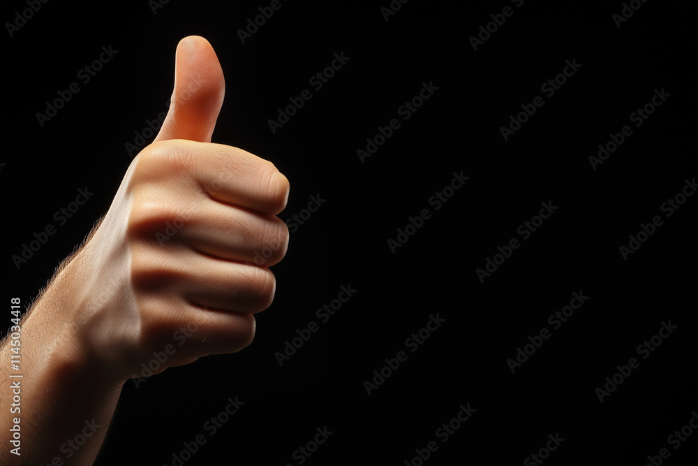 Hand giving a thumbs up gesture against a dark background in low light setting Hand giving a thumbs up gesture against a dark background in low light setting