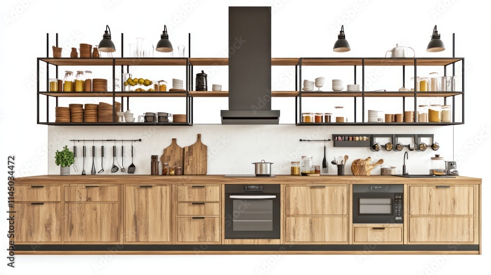 Fototapeta premium Modern kitchen with wooden cabinets, metal shelving, and appliances.