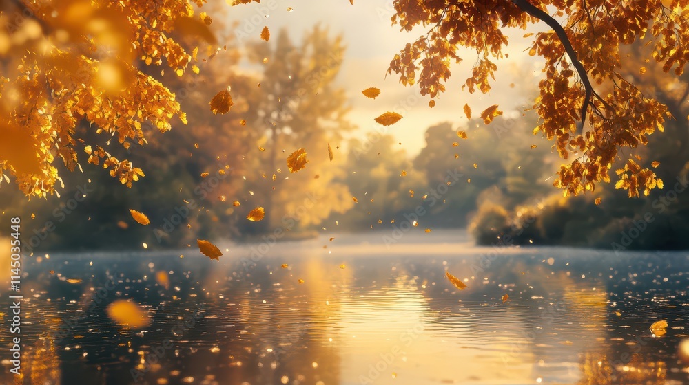 Serene Autumn Landscape with Golden Leaves and Reflections Serene Autumn Landscape with Golden Leaves and Reflections