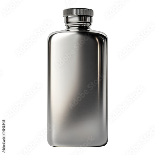 Metallic flask mock-up, sleek design, blank surface for customization, suitable for branding, promotional materials, product displays