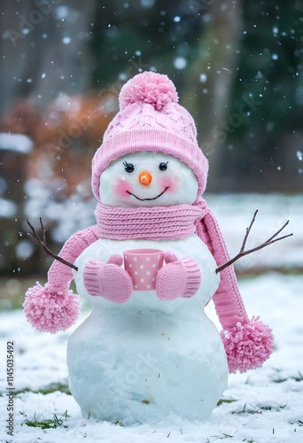 Adorable Snowman with Pink Winter Accessories in a Snowy Scene