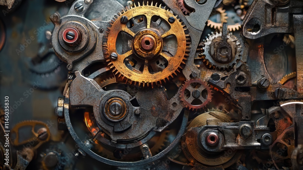 Fototapeta premium Intricate Clockwork Mechanism Gears - A Detailed View of Industrial Engineering