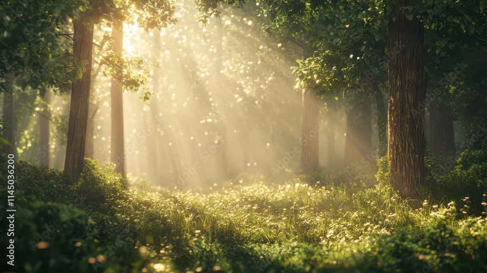 Fototapeta premium Serene Forest Scene with Sunlight Filtering Through Trees 