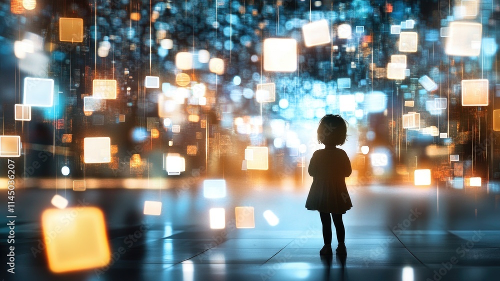 Child gazing at floating digital cubes in futuristic virtual reality experience Child gazing at floating digital cubes in futuristic virtual reality experience