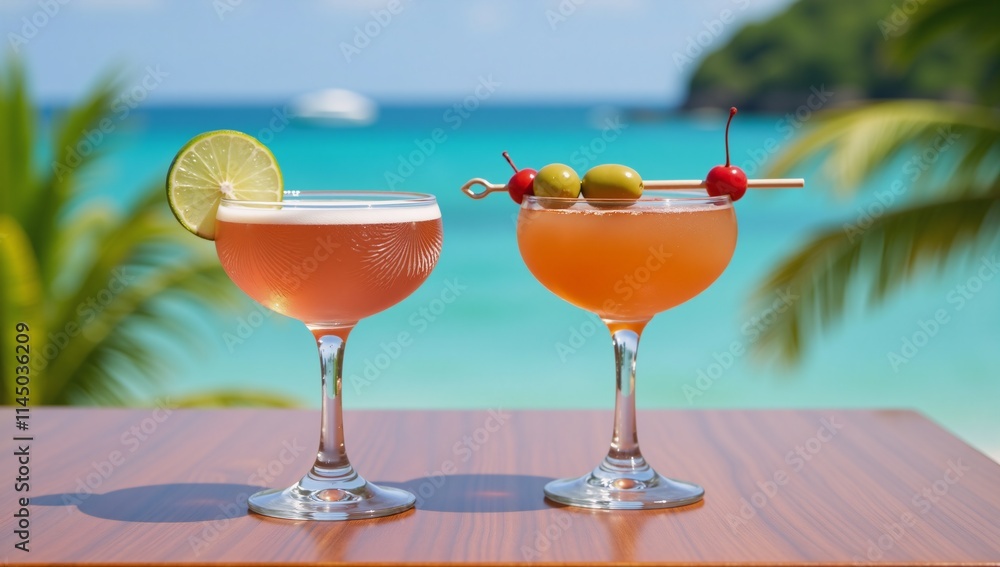 Cocktail pairing at seaside setting Tableau with two beverages against a backdrop of ocean Cocktail pairing at seaside setting Tableau with two beverages against a backdrop of ocean