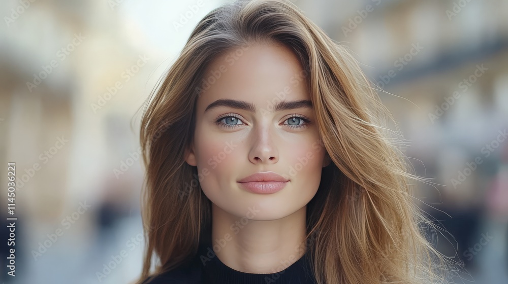 Fototapeta premium Elegant woman with flowing auburn hair in a blurred urban street background, exuding natural grace and modern style in a premium lifestyle stock image