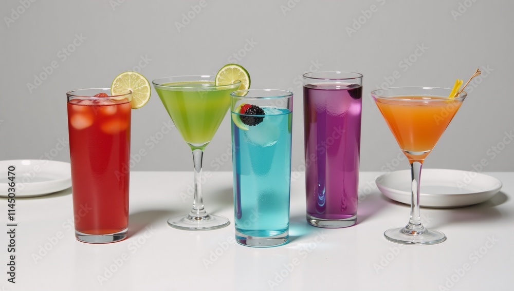 Five colorful cocktails displayed in tall glasses Five colorful cocktails displayed in tall glasses