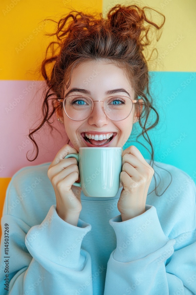 Happy Young Woman with Glasses Holding White Mug Against a Colorful Background Happy Young Woman with Glasses Holding White Mug Against a Colorful Background