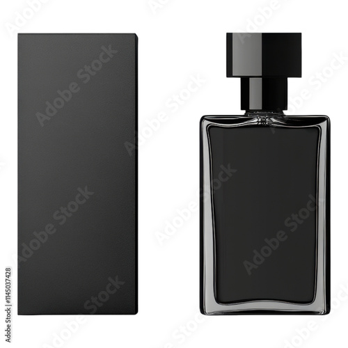 Elegant perfume bottle design, minimalist packaging, blank label area for customization, transparent background for versatile use photo