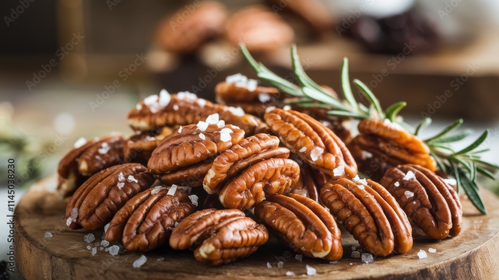 Obraz premium Candied pecans covered with a thick layer of caramel and sprinkled with sea salt. They are laid out on a wooden board and decorated with fresh rosemary. The background is blurred.
