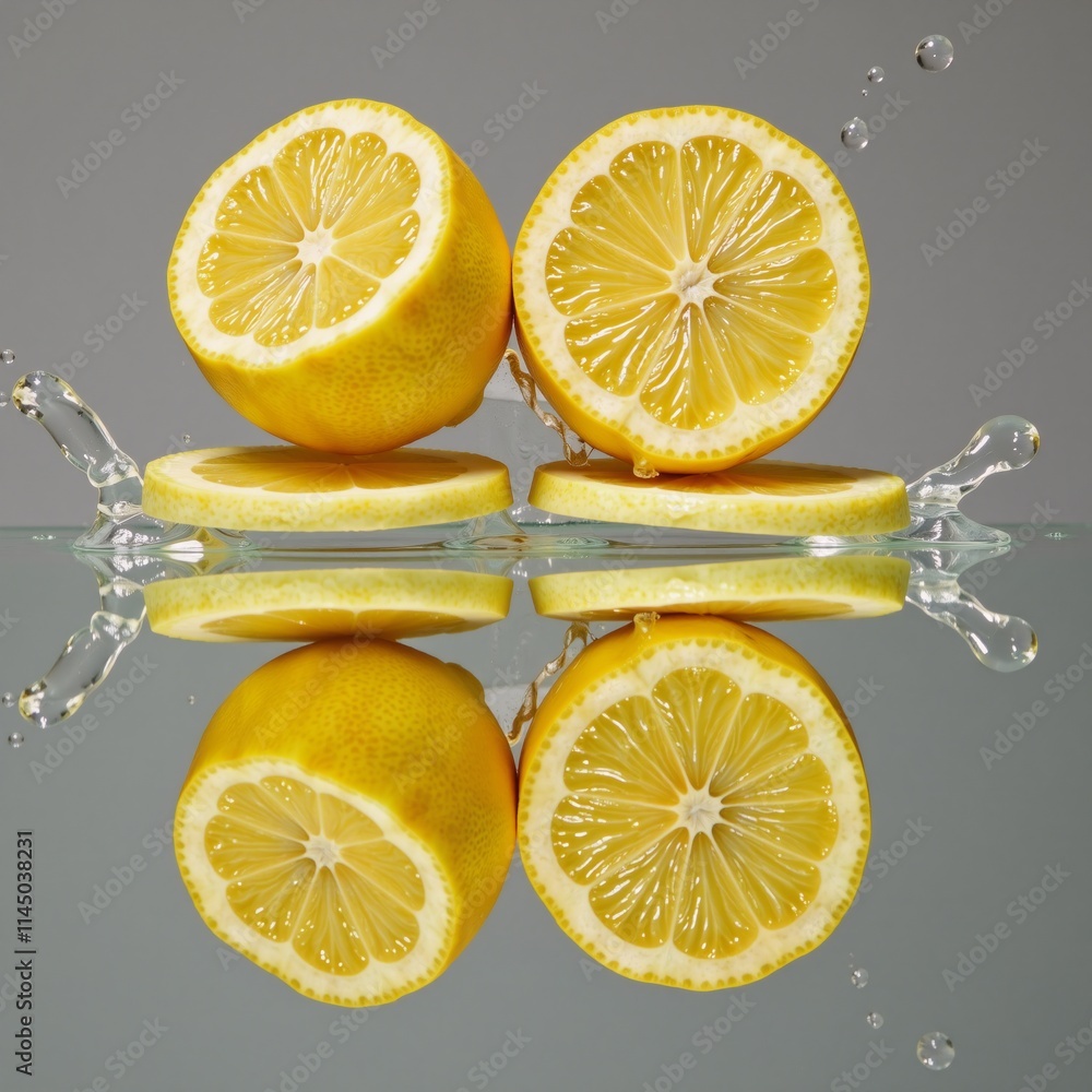 Lemon sliced in half with a water-splash detail on either side Lemon sliced in half with a water-splash detail on either side