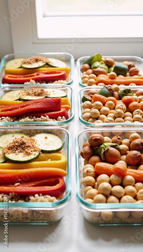 Vegan meal prep Quinoa roasted veggies  chickpeas ready for weekly lunch boxes