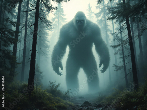 Misty forest with legendary Bigfoot photo