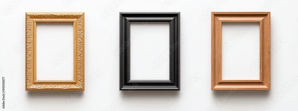 Three decorative frames on a white background: one ornate gold frame Three decorative frames on a white background: one ornate gold frame
