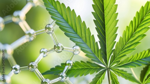 A bright cannabis leaf emits a soft glow while being encircled by intricate molecular structures and pharmacokinetics diagrams that highlight ongoing medical research in cannabinoids. photo