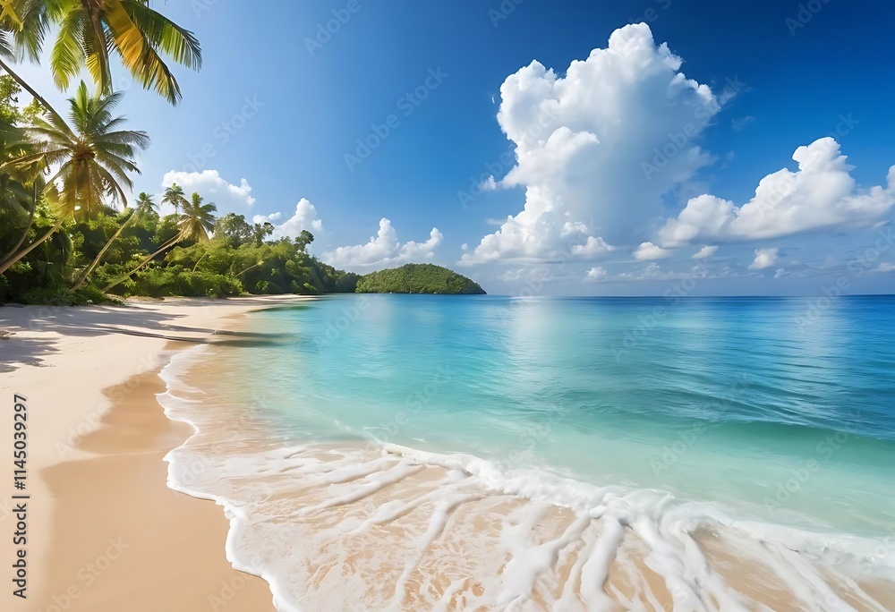 Naklejka premium Tropical paradise, pristine sandy beach, turquoise ocean waves