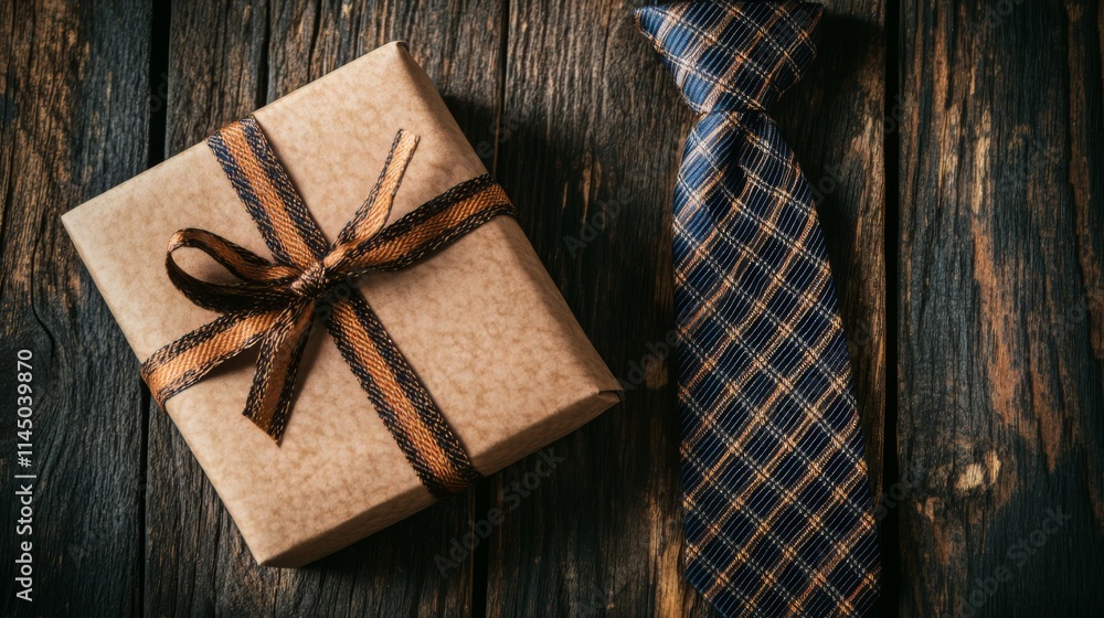 Gift and Tie on Rustic Wooden Surface Gift and Tie on Rustic Wooden Surface