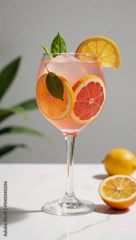 Vibrant citrus cocktail garnished with ice cubes and mint leaves Vibrant citrus cocktail garnished with ice cubes and mint leaves