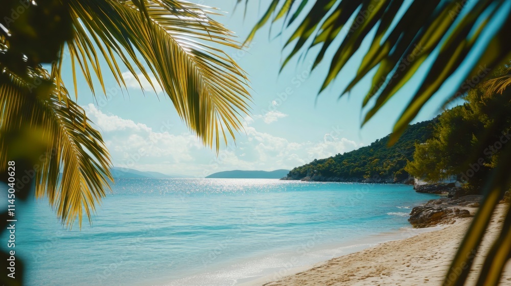Fototapeta premium Serene Beach Paradise: Palm-Fringed Coastline with Turquoise Waters