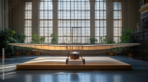 Vintage airplane displayed indoors with sunlight filtering through large windows, showcasing elegant architecture and lush greenery in a spacious gallery environment. photo