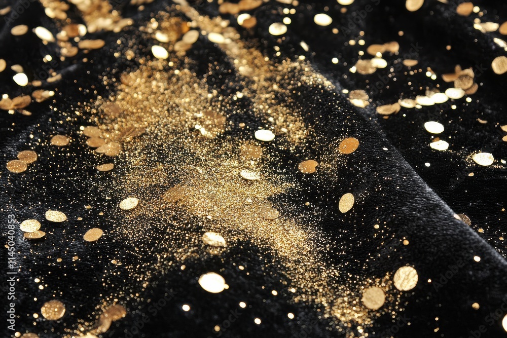 Sparkling gold glitter and confetti spread over a luxurious black velvet surface Sparkling gold glitter and confetti spread over a luxurious black velvet surface