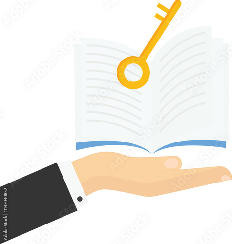 Intelligence, education, unlimited access to knowledge concept. Female hands holding open book with magic golden key meaning chance to unlock wisdom in studying vector illustration

