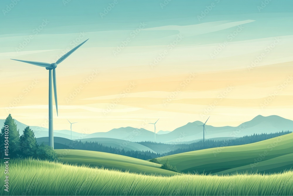 Obraz premium Wind turbine renewable energy on a green hillside meadow landscape under a blue sky. Sustainable and alternative renewable energy ecological concept.