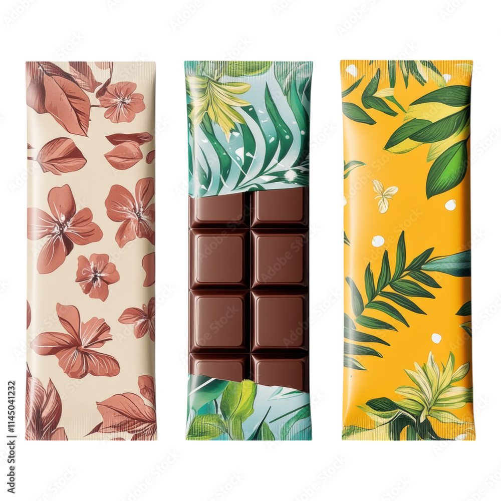 Chocolate bar packaging mock-up, thin rectangular design, transparent background, ideal for branding and product presentation