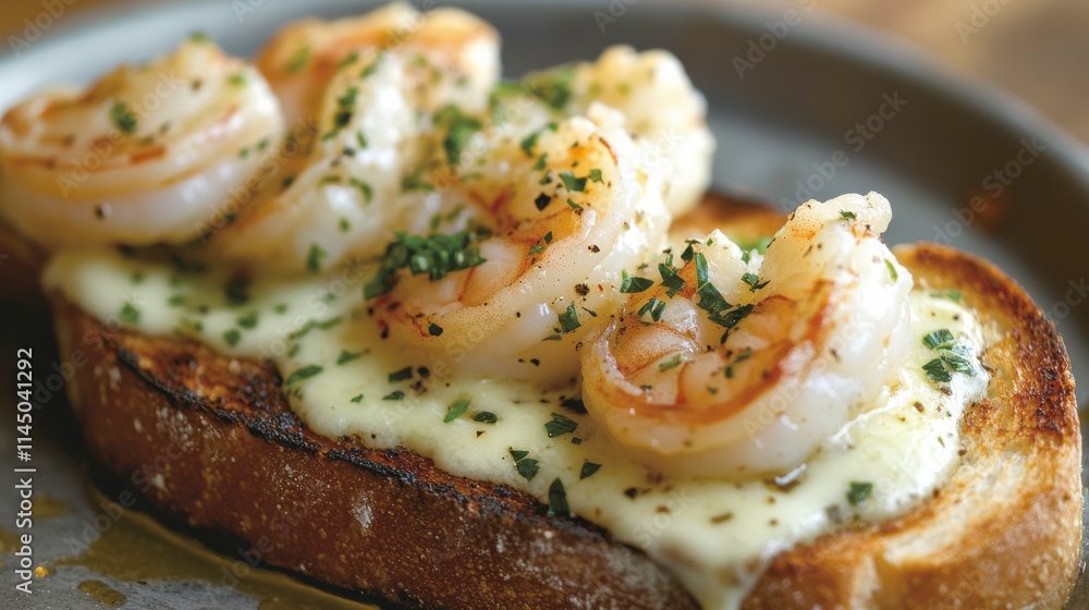 Delicious Gourmet Toast with Grilled Shrimp, Creamy Sauce, and Fresh Herbs Highlighting Culinary Artistry on a Rustic Wooden Table Delicious Gourmet Toast with Grilled Shrimp, Creamy Sauce, and Fresh Herbs Highlighting Culinary Artistry on a Rustic Wooden Table