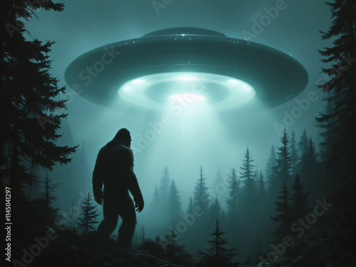 Bigfoot and UFO in dark forest photo