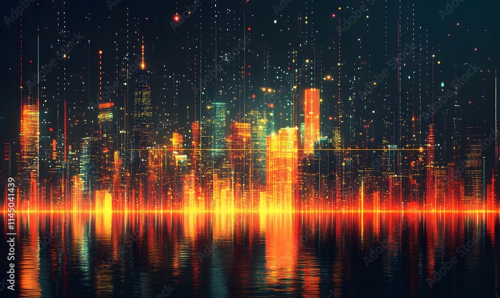 Obraz premium Futuristic Skyline, Night Cityscape with Overlay of Geometric Patterns