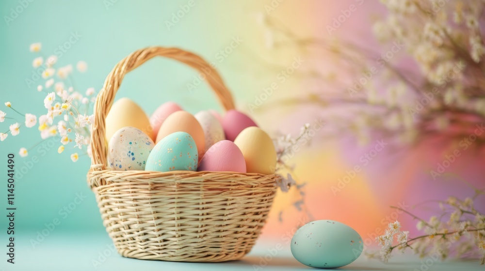 Pastel Easter Eggs in a Basket with Spring Flowers Pastel Easter Eggs in a Basket with Spring Flowers