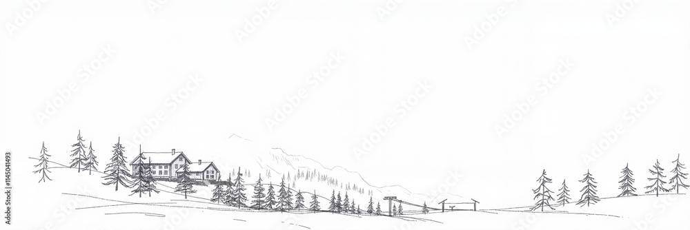 Pencil sketch of a snowy landscape with trees and a house. Pencil sketch of a snowy landscape with trees and a house.