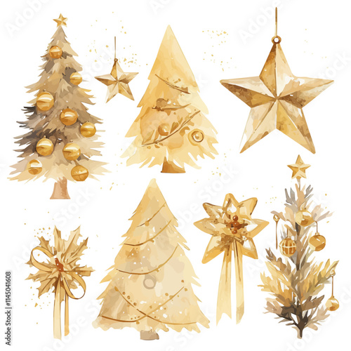 watercolor Christmas golden tree toppers and star and bauble set and decor painting collection isolated on a white background, vector flat watercolor design painting, Christmas set decor design