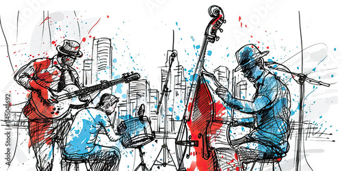 Jazz Band Performance Sketch with City Skyline
