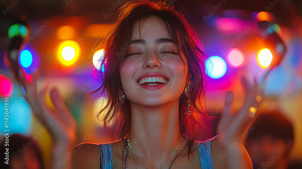 Dynamic Female Musician Engaging Audience with Joyful Performance in Vibrant Lights Dynamic Female Musician Engaging Audience with Joyful Performance in Vibrant Lights