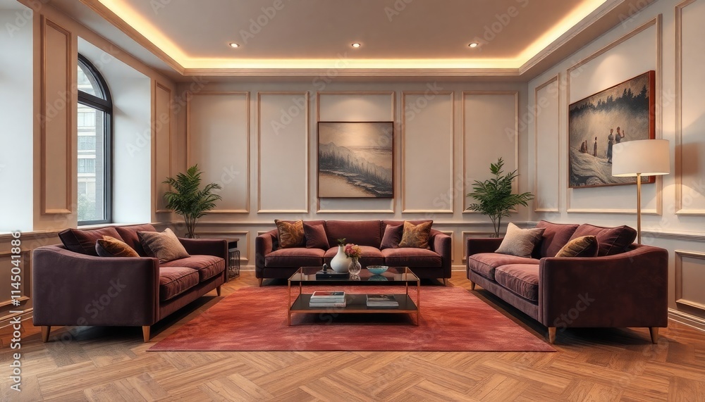 A luxurious urban living room with metallic gold skirting boards and plush velvet furniture A luxurious urban living room with metallic gold skirting boards and plush velvet furniture