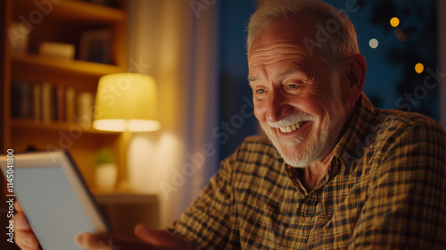 Joyful Senior Man Video Calling Grandchildren photo