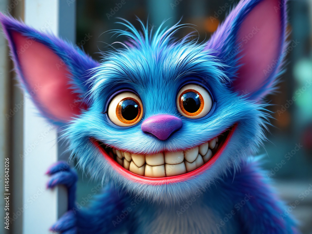 Fototapeta premium A funny furry blue monster with horns smiling