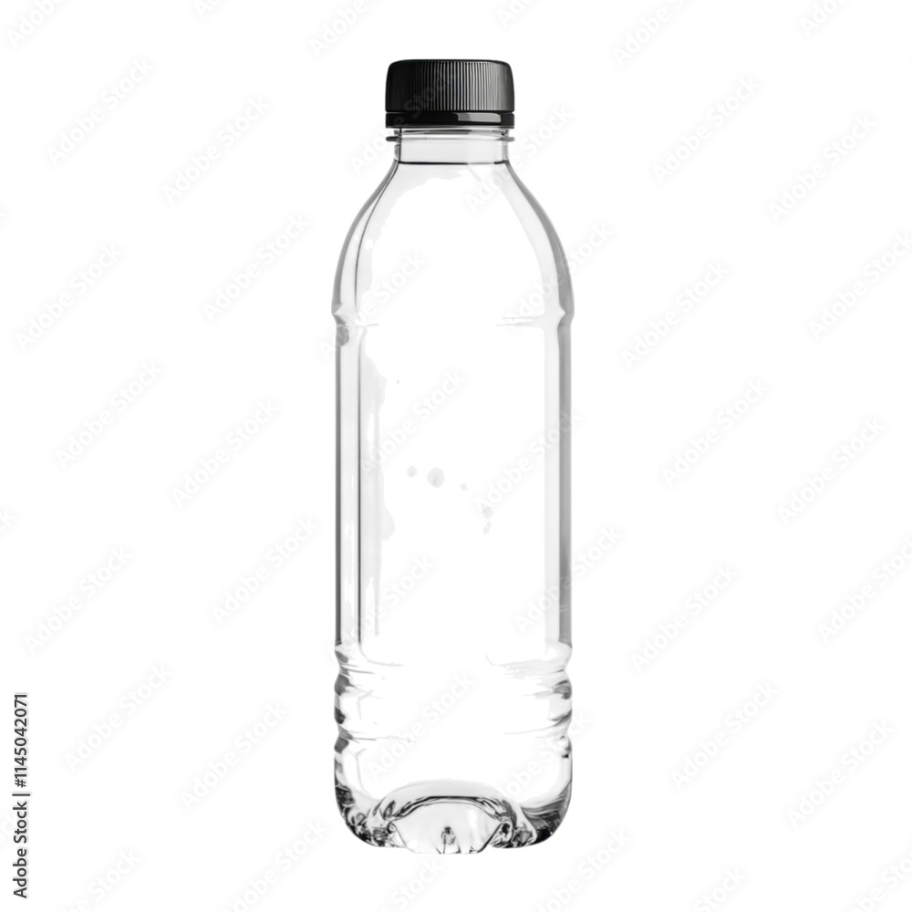Transparent water bottle design featuring a screw cap, ideal for branding and product showcases, clear background for versatile use
