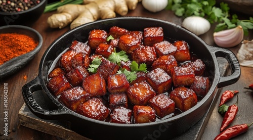Iron Pot with Red Braised Pork Belly, Garnished with Coriander and Chili Peppers